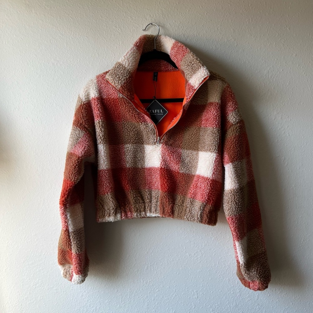 ZAFUL Plaid Half Zip Sherpa Pullover, size M